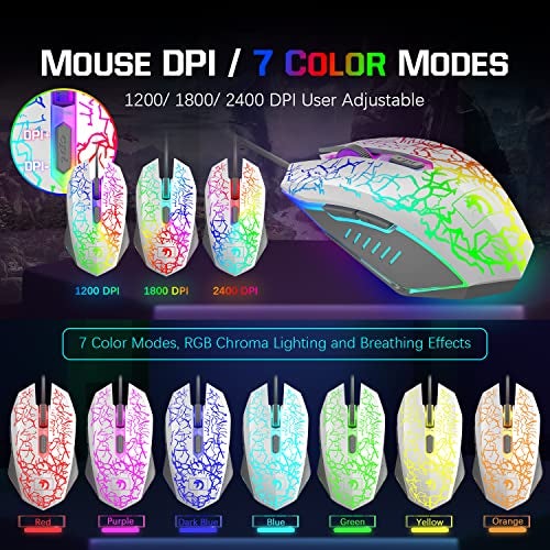 MANBASNAKE Wired Rainbow LED Backlit Keyboard and Mouse, Over Ear Headphone with Mic, Gaming Mice and Pad, for PC, Xbox and PS4 (White/Black) - Image 4