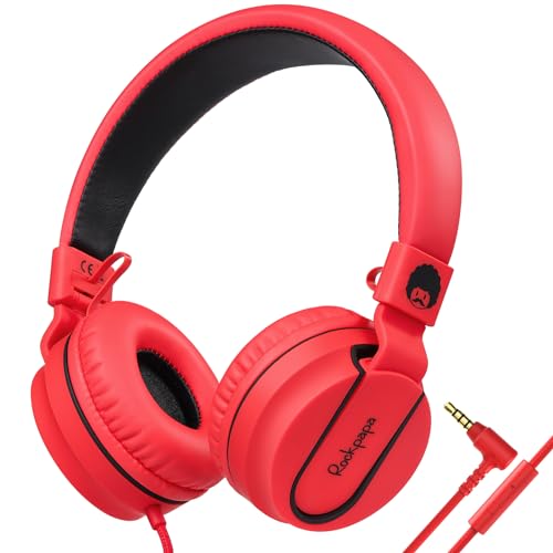 rockpapa 950 Wired Headphones for Kids Girls Boys for School Classroom with Microphone, On-Ear Foldable Corded Headphones with Jack 3.5mm for Laptop Computer Tablet Chromebooks Black Red - Image 1