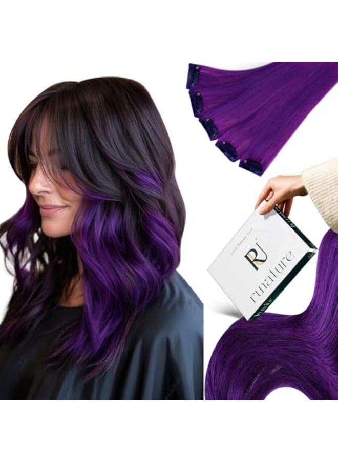 RUNATURE Clip in Hair Extensions Purple Real Human Hair Clip in Extensions for Colored Highlight Party Peekaboo Rainbow Hair for Kids 14 Inch 25g 5pcs - Image 1