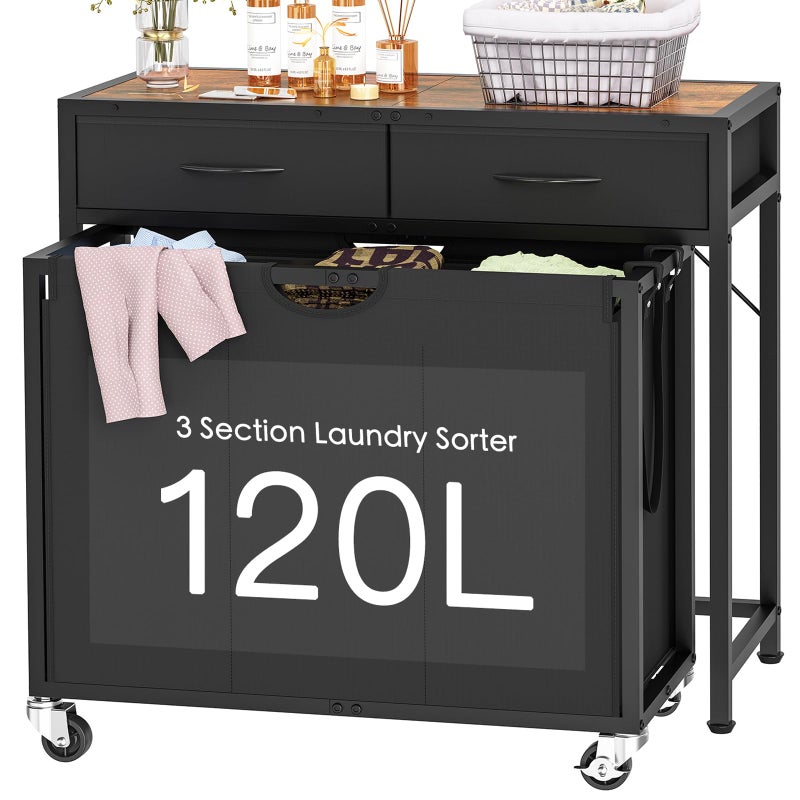 FGNTWP Laundry Sorter, Rolling Laundry Hamper with 3 Section Pull-Out Bags, Laundry Basket Organizer with 2 Drawers & 2-Tone Top Panel, Laundry Hamper with Wheels for Laundry Room Organization, Bathroom - Image 1