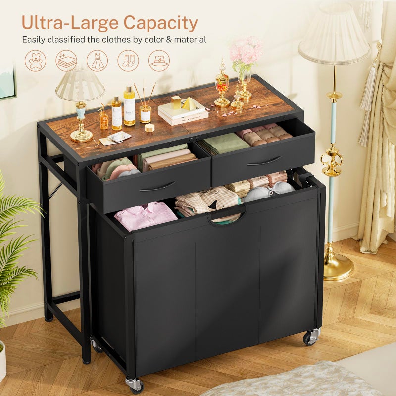 FGNTWP Laundry Sorter, Rolling Laundry Hamper with 3 Section Pull-Out Bags, Laundry Basket Organizer with 2 Drawers & 2-Tone Top Panel, Laundry Hamper with Wheels for Laundry Room Organization, Bathroom - Image 2
