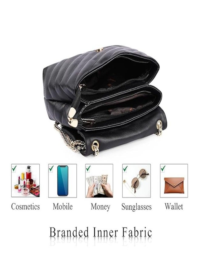 KRIFTY Ladies Quilted Crossbody Handbag with Gold Chain Strap,Faux Leather, Round Metal Clasp (Black) - Image 3