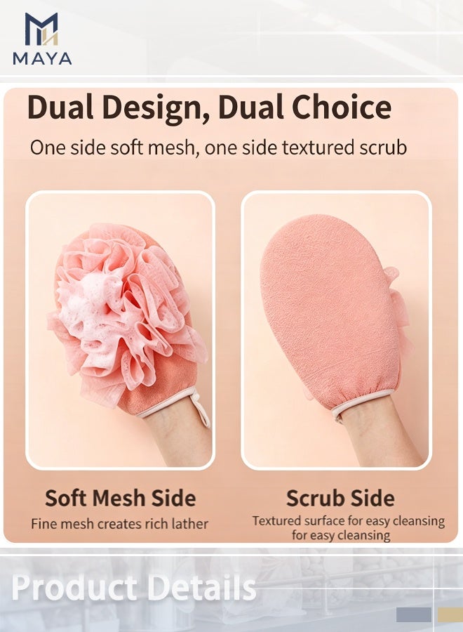 Maya 2PCS Bath Sponge Towel Set, Dual-Sided Exfoliating Bath Mitt with Nylon Mesh Loofah and Soft Towel for Shower Cleaning & Skin Care (Pink & Blue) - Image 4