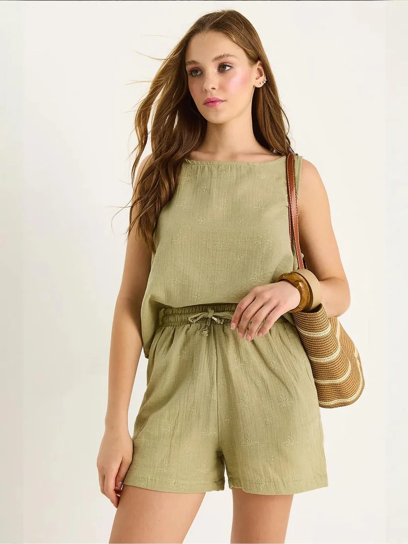 Bianco Lucci Khaki Green LUCCI Short High Waist Two-Piece Coord Set with Button Closure for Women | Best Price UAE