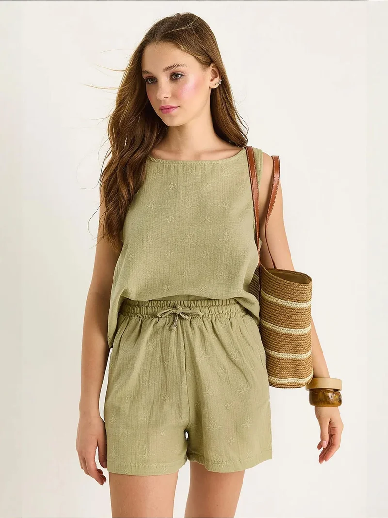 Bianco Lucci Khaki Green LUCCI Short High Waist Two-Piece Coord Set with Button Closure for Women | Best Price UAE