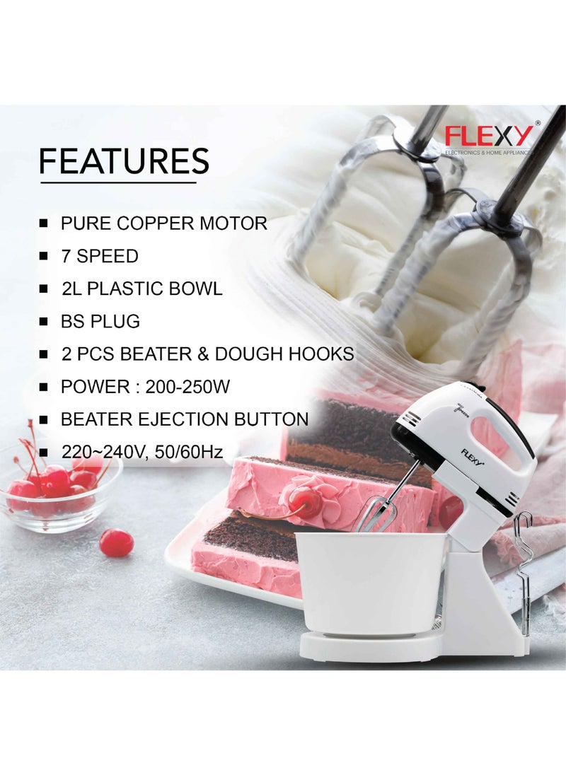 Flexy - FLEXY Turbo 250W 7 Speed Hand Mixer With 2L Bowl 2 Beaters 2 Dough Hooks Durable And Safe Handle - Image 1