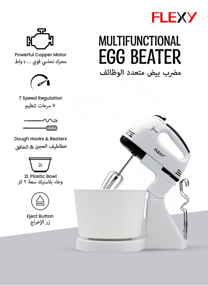 Flexy - FLEXY Turbo 250W 7 Speed Hand Mixer With 2L Bowl 2 Beaters 2 Dough Hooks Durable And Safe Handle - Image 1