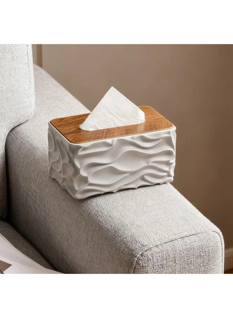 A modern decorative tissue box featuring an elegant wavy texture and a practical wooden lid. Adds a refined touch to home décor and suits living rooms, bathrooms, or offices. - Image 3