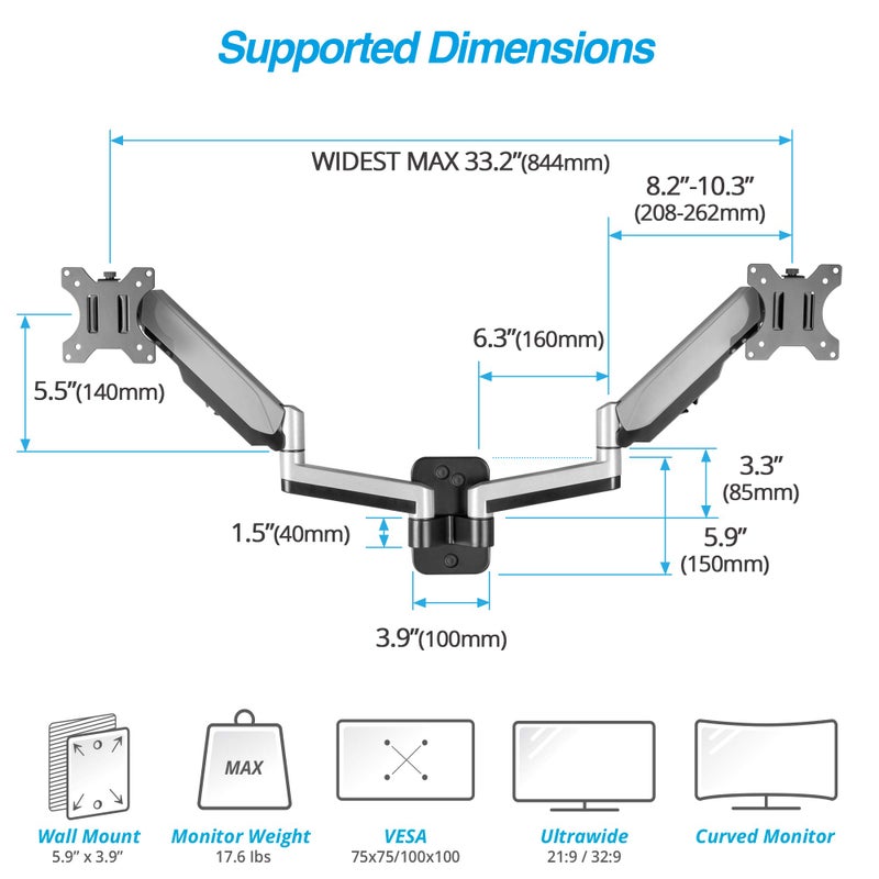 AVLT Dual 13"-32" Monitor Wall Mount fits Two Flat/Curved Computer Monitor Full Motion Height Swivel Tilt Rotation Adjustable Monitor Arm - VESA/Cable Management - Image 2