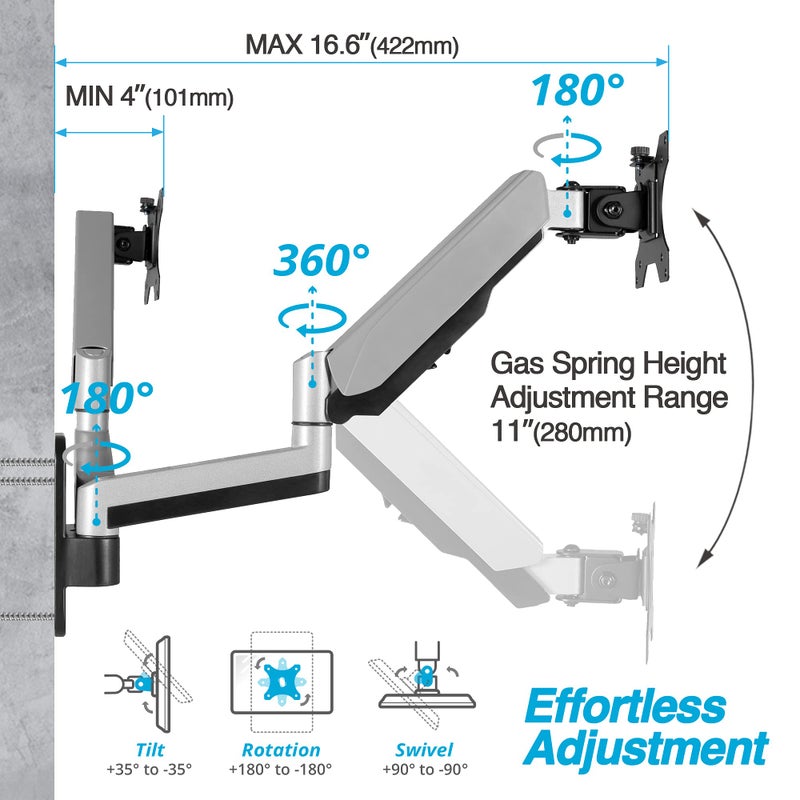 AVLT Dual 13"-32" Monitor Wall Mount fits Two Flat/Curved Computer Monitor Full Motion Height Swivel Tilt Rotation Adjustable Monitor Arm - VESA/Cable Management - Image 3
