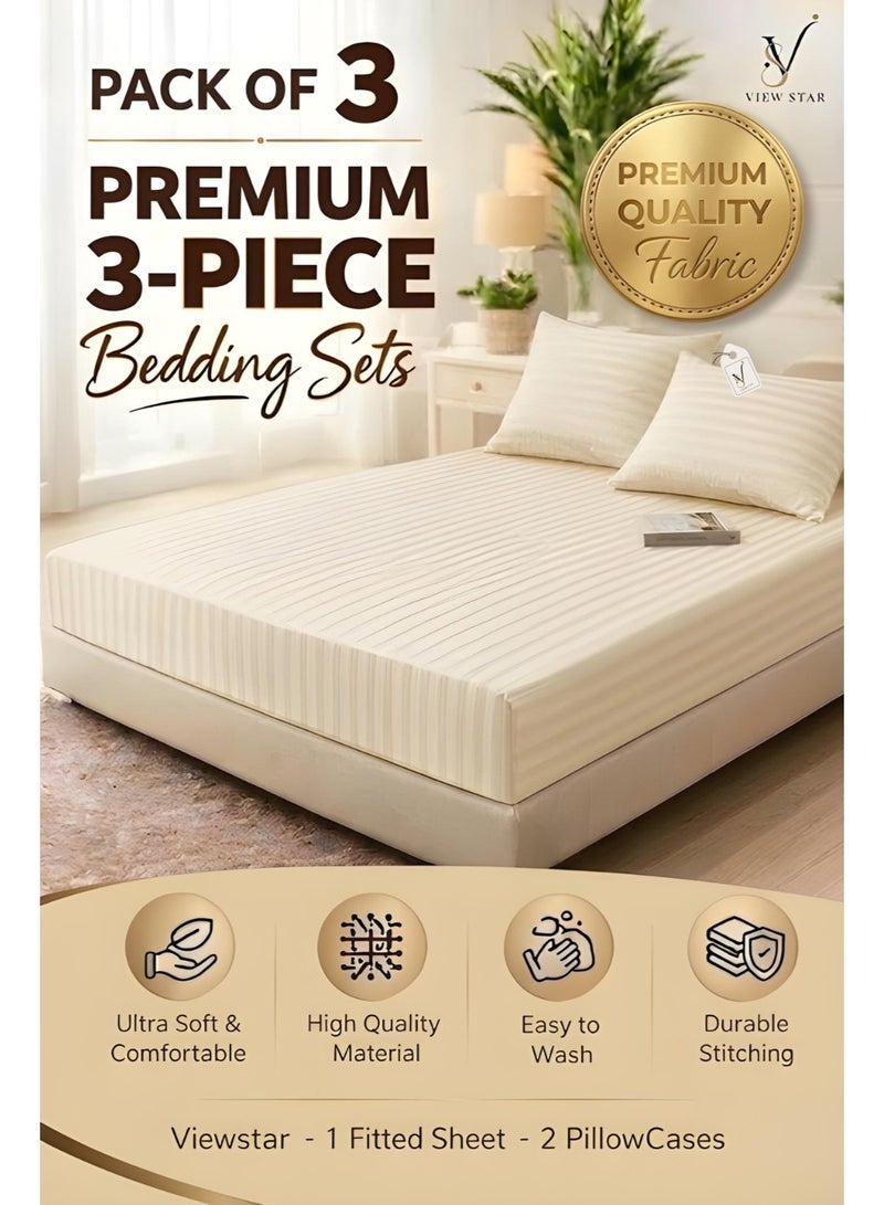 VIEW STAR 3-Piece Striped Fitted Beige Bed Sheet Set with 2 Pillowcases, Soft Breathable Bedding - Image 1