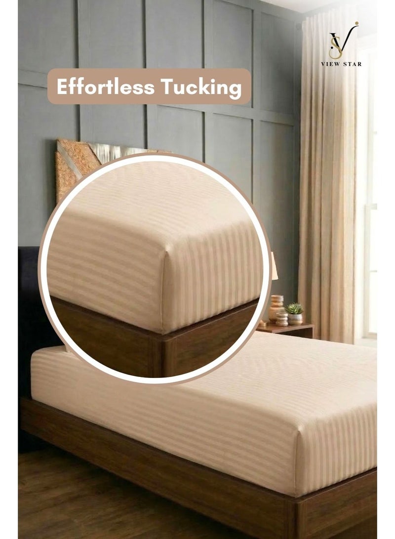 VIEW STAR 3-Piece Striped Fitted Beige Bed Sheet Set with 2 Pillowcases, Soft Breathable Bedding - Image 2