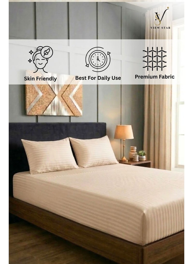 VIEW STAR 3-Piece Striped Fitted Beige Bed Sheet Set with 2 Pillowcases, Soft Breathable Bedding - Image 4
