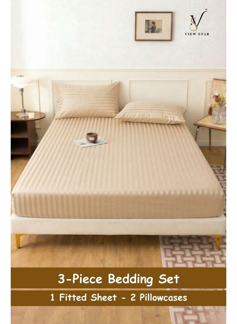 VIEW STAR 3-Piece Striped Fitted Beige Bed Sheet Set with 2 Pillowcases, Soft Breathable Bedding - Image 5