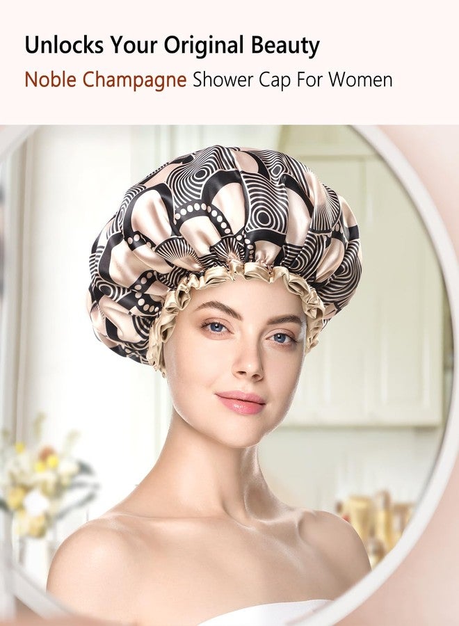 mikimini Shower cap for Women and Girls,Champagne Shower Caps with Lace, Double Layer Waterproof, Reusable, Washable, High-quality,Medium (Pack of 1) - Image 3