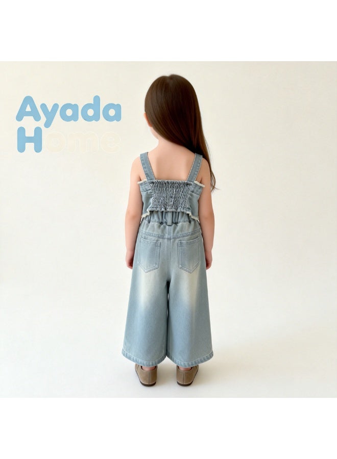 Ayada Home طقم جينز مكون من قطعتين للفتيات الصغيرات، قميص كامي قصير بحواف ممزقة + بنطلون جينز واسع ممزق، ملابس صيفية لطيفة غير رسمية للفتيات الصغيرات، ملابس أطفال ناعمة وقابلة للتنفس للاستخدام اليومي - Image 2