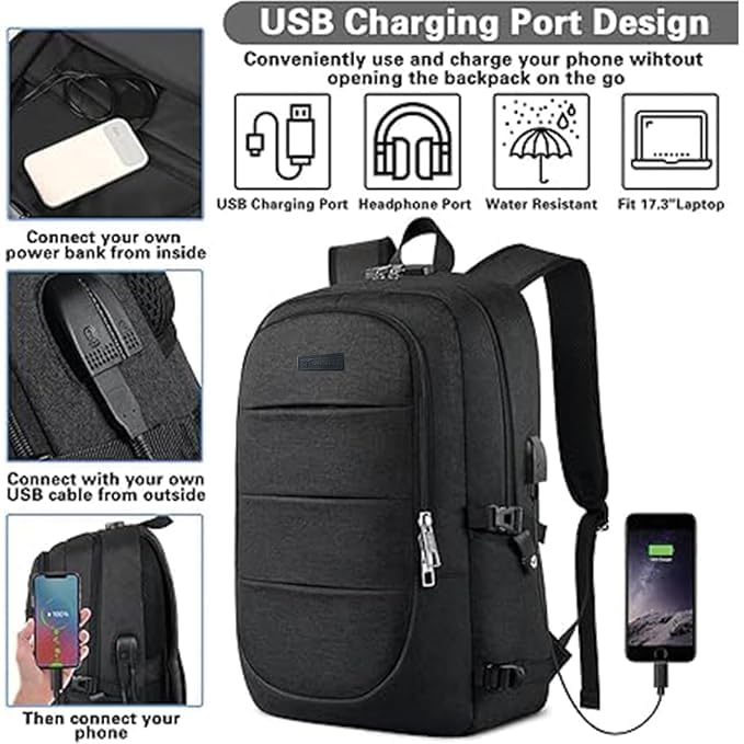 Impulse Hustle Black 40L Water-Resistant Laptop Backpack with USB Port & Number Lock, 3 Compartments, Fits 16" Laptop, Ideal for Office, School, College & Travel,Unisex Business Bag - Image 5