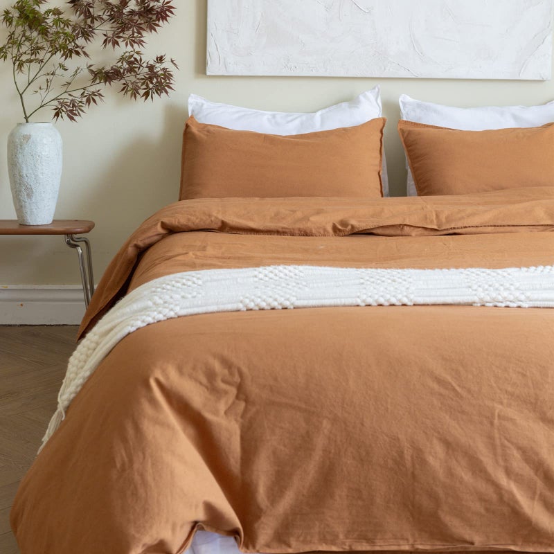 BISELINA French Linen Duvet Cover Set 3pcs with Hidden Zipper Closure Natural Flax Cotton Blend Solid Color Soft Breathable Luxury Farmhouse Bedding Queen Size Rust