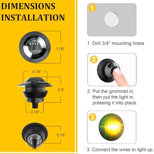 BJZ 3/4" Round Trailer Marker LED Lights Amber to Green Dual Color Side Clearance Tail Bullet Light 12V 4LED Indicator Light w/Smoked Lens for Trailer Truck Van RV ATV Bus, 10Pcs - Image 5