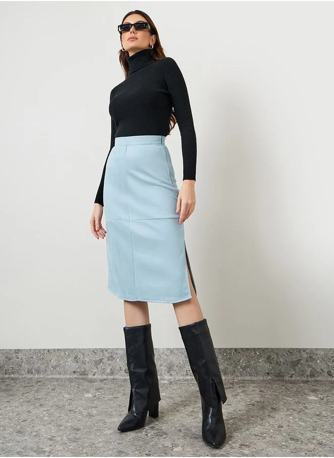 Styli Faux Suede Midi Skirt with Side Slit