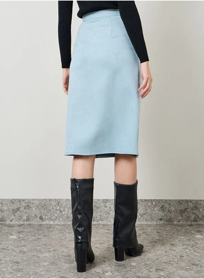Styli Faux Suede Midi Skirt with Side Slit