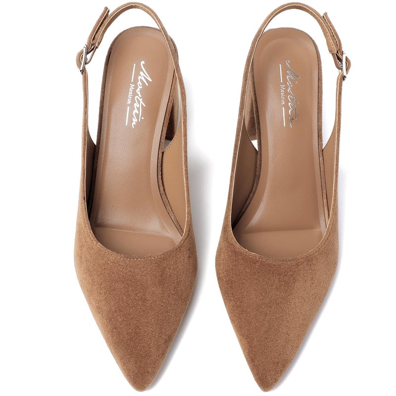 Mostrin Brown Block Slingback Heels for Women Suede Pointed Closed Toe Chunky Heels Office Work Shoes Women's Pumps for Business Casual - Image 4