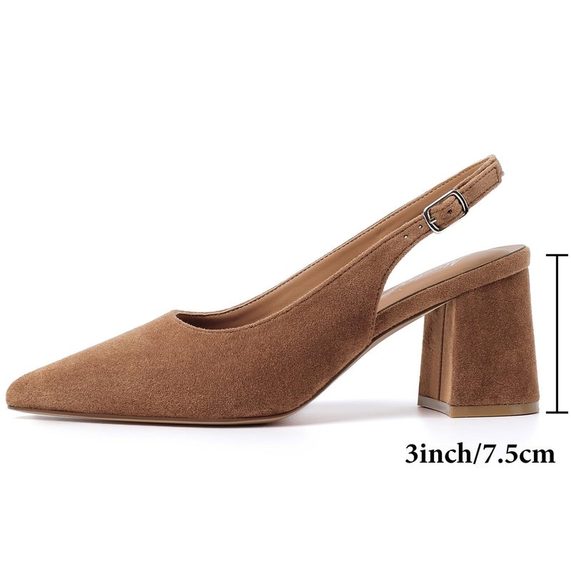 Mostrin Brown Block Slingback Heels for Women Suede Pointed Closed Toe Chunky Heels Office Work Shoes Women's Pumps for Business Casual - Image 5