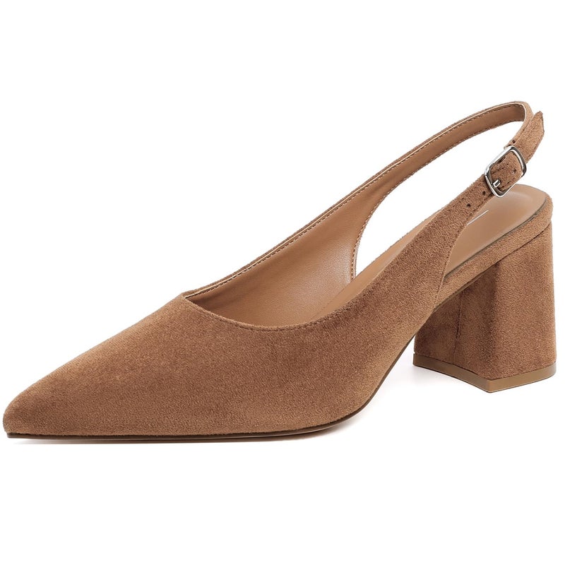 Mostrin Brown Block Slingback Heels for Women Suede Pointed Closed Toe Chunky Heels Office Work Shoes Women's Pumps for Business Casual - Image 1