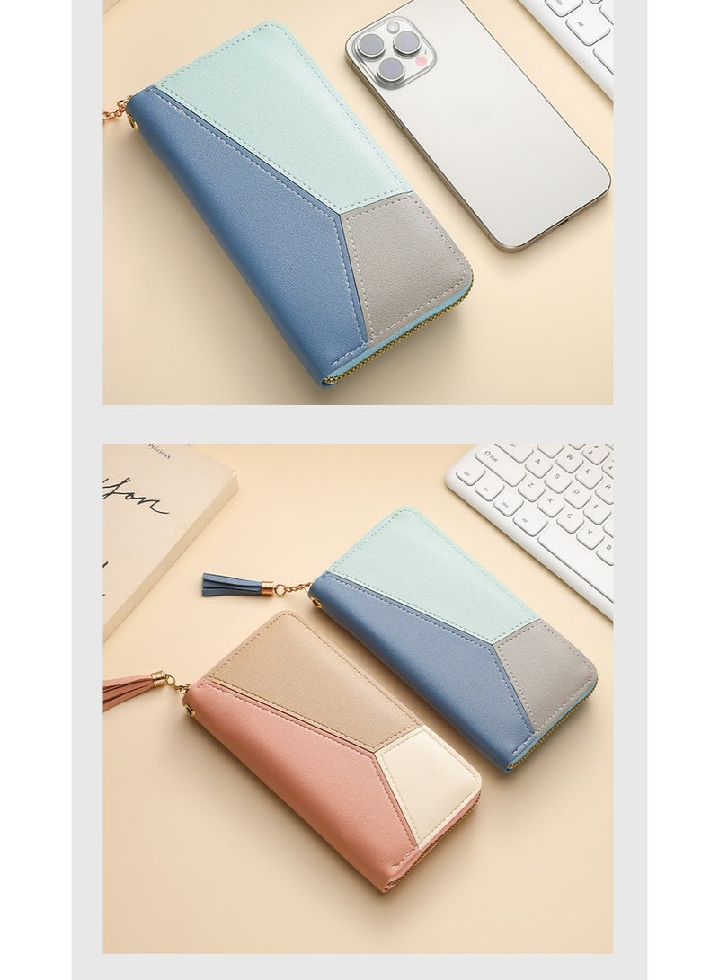 A minimalist fashion color block design long wallet with a zipper closure, specially designed for women, can be used as a credit card wallet or a ladies' clutch bag, with large capacity and multiple card slots.  - Image 4