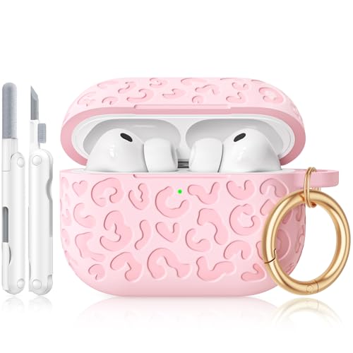 Wowwat for AirPods Pro 3 Case Cover 2025, Leopard Engraved Silicone Protective Shell Compatible with Apple Air Pod Pro 3 Generation Case for Women Girly,Cute iPod Pro 3 Case with Keychain- Pink - Image 1