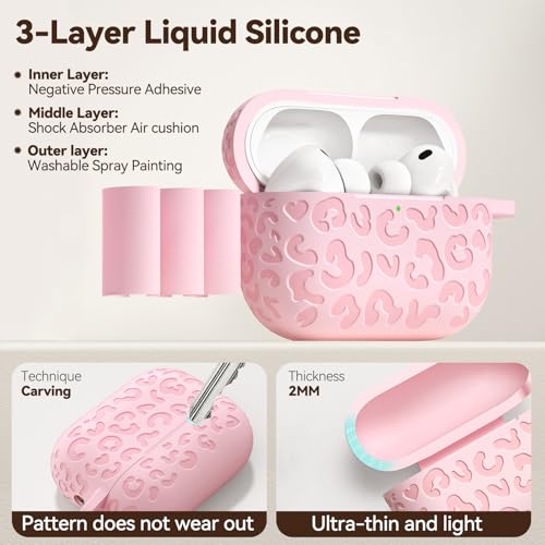 Wowwat for AirPods Pro 3 Case Cover 2025, Leopard Engraved Silicone Protective Shell Compatible with Apple Air Pod Pro 3 Generation Case for Women Girly,Cute iPod Pro 3 Case with Keychain- Pink - Image 3