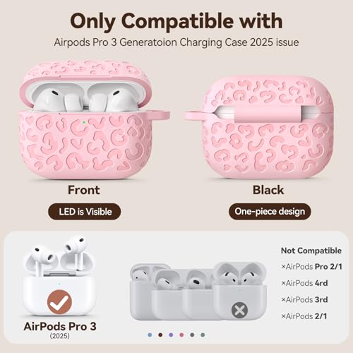 Wowwat for AirPods Pro 3 Case Cover 2025, Leopard Engraved Silicone Protective Shell Compatible with Apple Air Pod Pro 3 Generation Case for Women Girly,Cute iPod Pro 3 Case with Keychain- Pink - Image 2