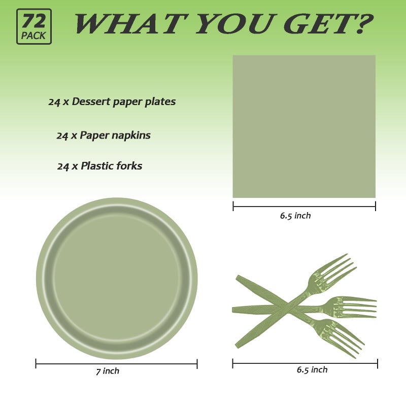 LYFREE 72 Pcs Sage Green Paper Plates 7in Disposable Dessert Plates Napkins and Forks Party Tableware Set Decoration Supplies for Birthday Baby Shower Wedding Holiday Graduation Easter Party  Serve 24 - Image 2