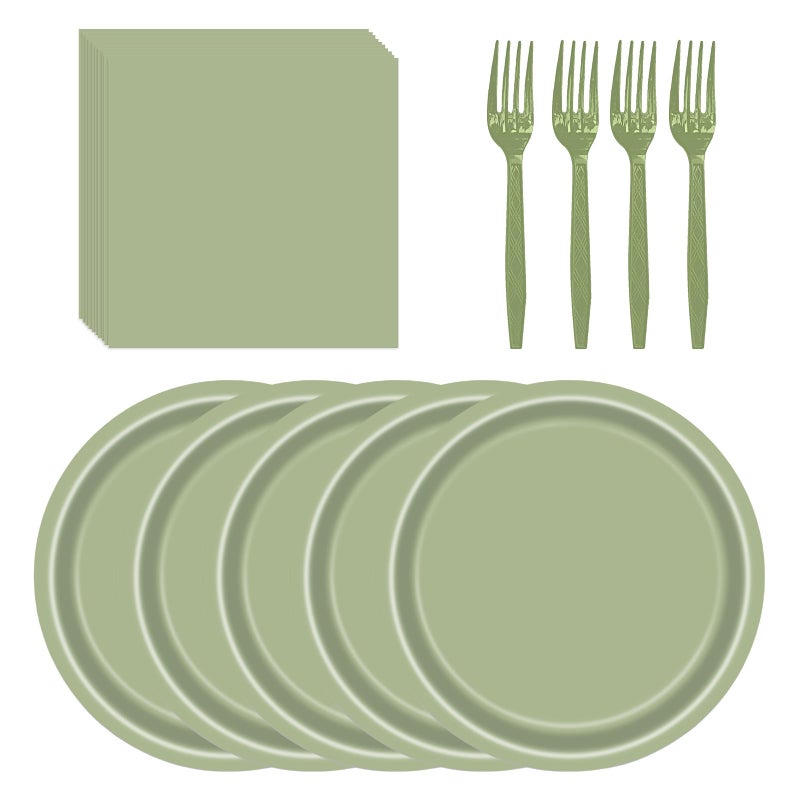 LYFREE 72 Pcs Sage Green Paper Plates 7in Disposable Dessert Plates Napkins and Forks Party Tableware Set Decoration Supplies for Birthday Baby Shower Wedding Holiday Graduation Easter Party  Serve 24 - Image 1