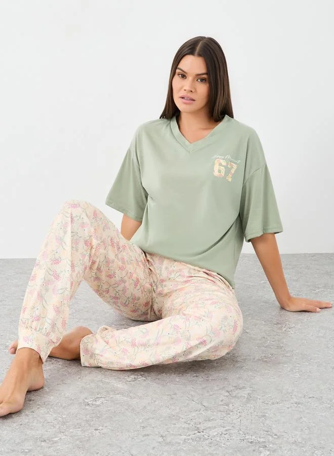 Styli Styli 67 Drop Shoulder V Neck Boxy T-Shirt and Floral Pyjama Set