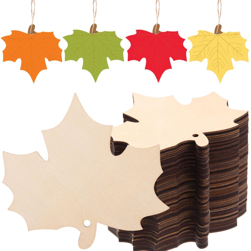 AWIZOM 60 Pcs Unfinished Fall Leaf Wooden Ornaments Wooden Maple Leaf Cutouts with Hole Blank Wood Maple Leaves Slice with Twine for DIY Craft Tags Autumn Harvest Thanksgiving Hanging Decor413x394 - Image 2