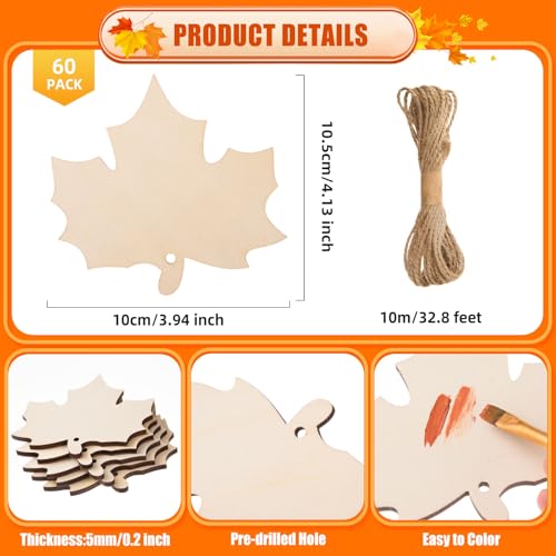 AWIZOM 60 Pcs Unfinished Fall Leaf Wooden Ornaments Wooden Maple Leaf Cutouts with Hole Blank Wood Maple Leaves Slice with Twine for DIY Craft Tags Autumn Harvest Thanksgiving Hanging Decor413x394 - Image 3