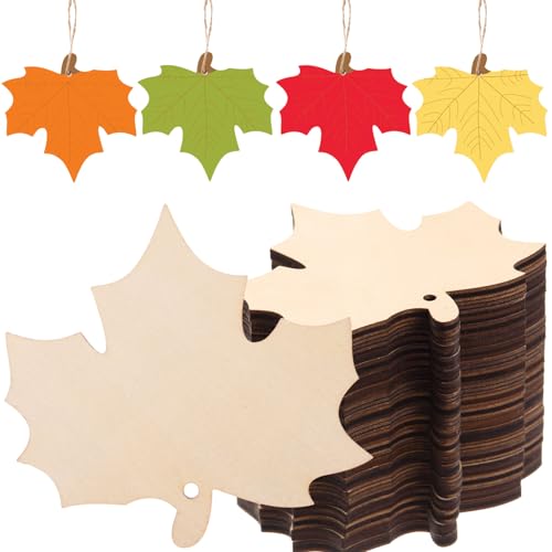 AWIZOM 60 Pcs Unfinished Fall Leaf Wooden Ornaments Wooden Maple Leaf Cutouts with Hole Blank Wood Maple Leaves Slice with Twine for DIY Craft Tags Autumn Harvest Thanksgiving Hanging Decor413x394 - Image 1