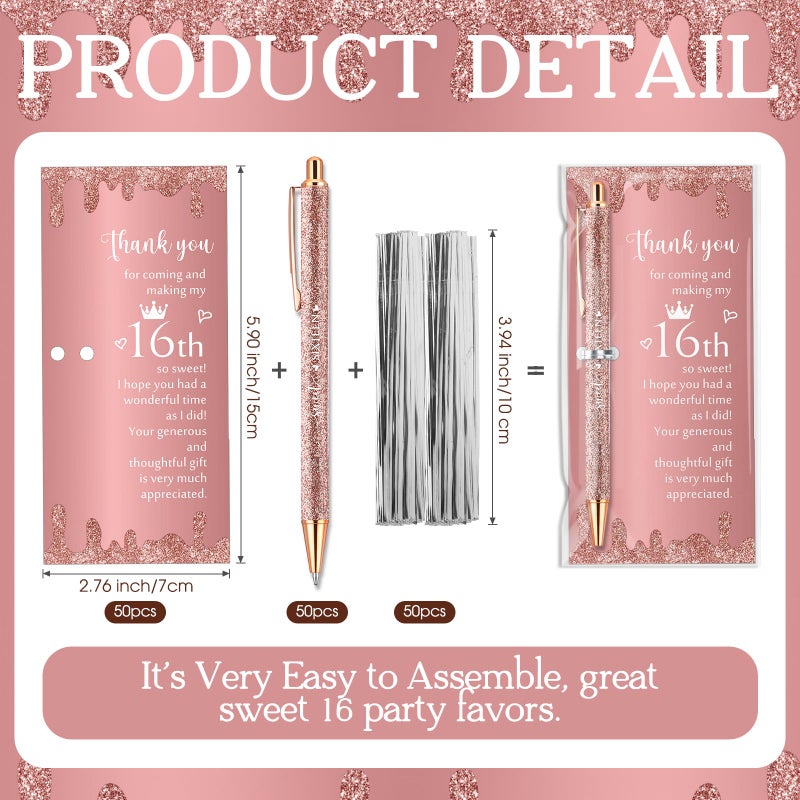 Feifeiya 50 Sets Sweet 16th Birthday Party Favors for Guests, Include Sweet Sixteen Glitter Ballpoint Pens with Thank You Cards, Thank You for Coming to My 16 Years Birthday Party Supplies (Classic) - Image 3