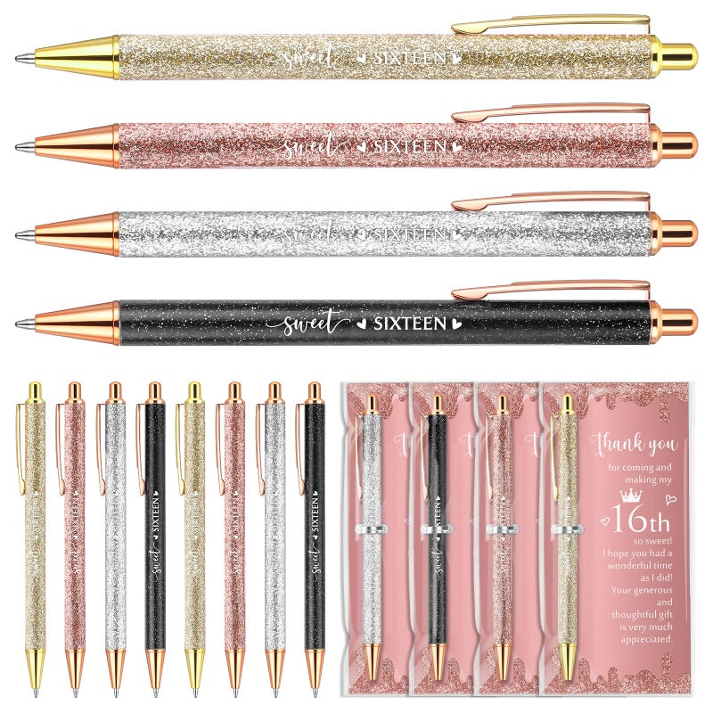 Feifeiya 50 Sets Sweet 16th Birthday Party Favors for Guests, Include Sweet Sixteen Glitter Ballpoint Pens with Thank You Cards, Thank You for Coming to My 16 Years Birthday Party Supplies (Classic) - Image 1