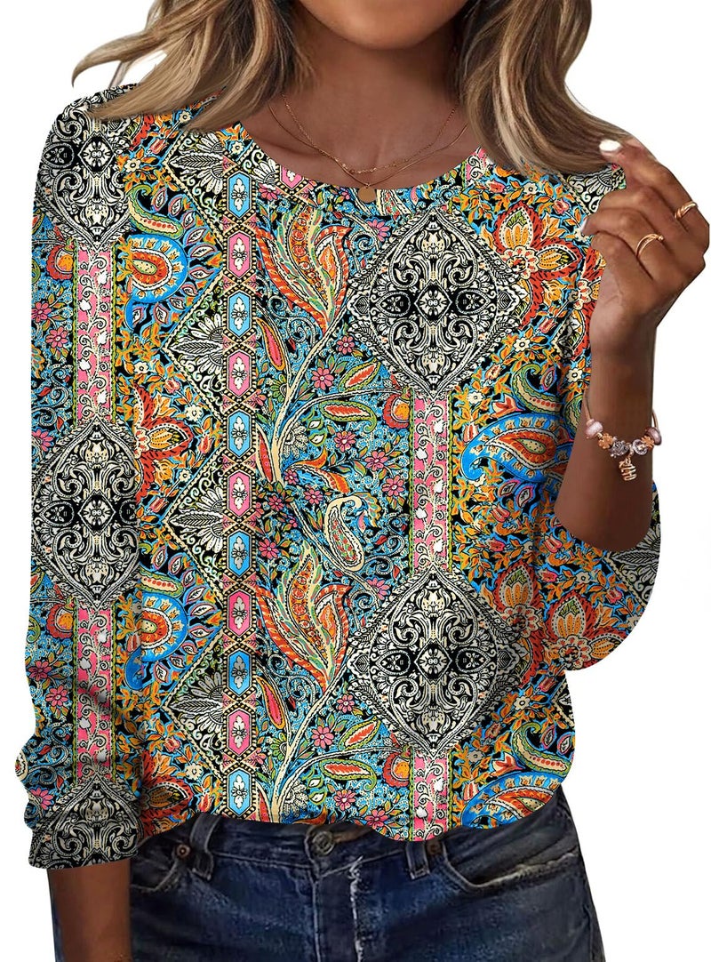 TCOT Womens Tops Long Sleeve Crewneck Regular Fit Dressy Casual Blouses Shirts for Women Paisley Pattern Clothes L - Image 1