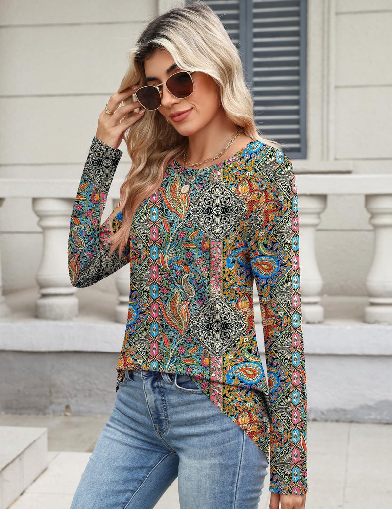 TCOT Womens Tops Long Sleeve Crewneck Regular Fit Dressy Casual Blouses Shirts for Women Paisley Pattern Clothes L - Image 5
