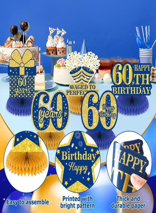 Wayyogh 9Pcs Blue 60th Birthday Decorations Navy Blue Gold 60th Honeycomb Centerpieces for Table Decor, Happy 60th Birthday Decorations for Men Women Anniversary Party Favors Supplies Event Cheer to 60 Years - Image 3