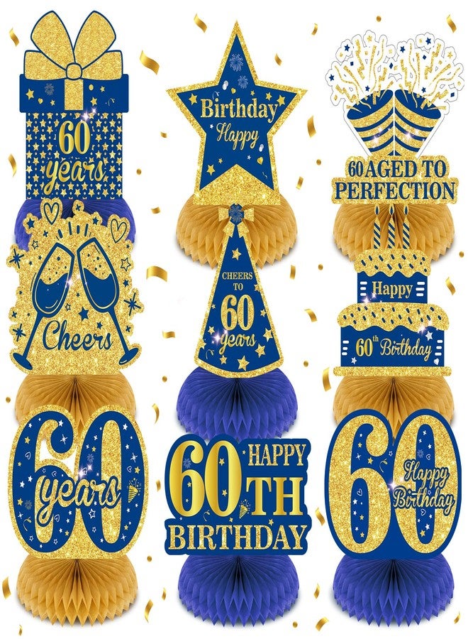 Wayyogh 9Pcs Blue 60th Birthday Decorations Navy Blue Gold 60th Honeycomb Centerpieces for Table Decor, Happy 60th Birthday Decorations for Men Women Anniversary Party Favors Supplies Event Cheer to 60 Years - Image 1