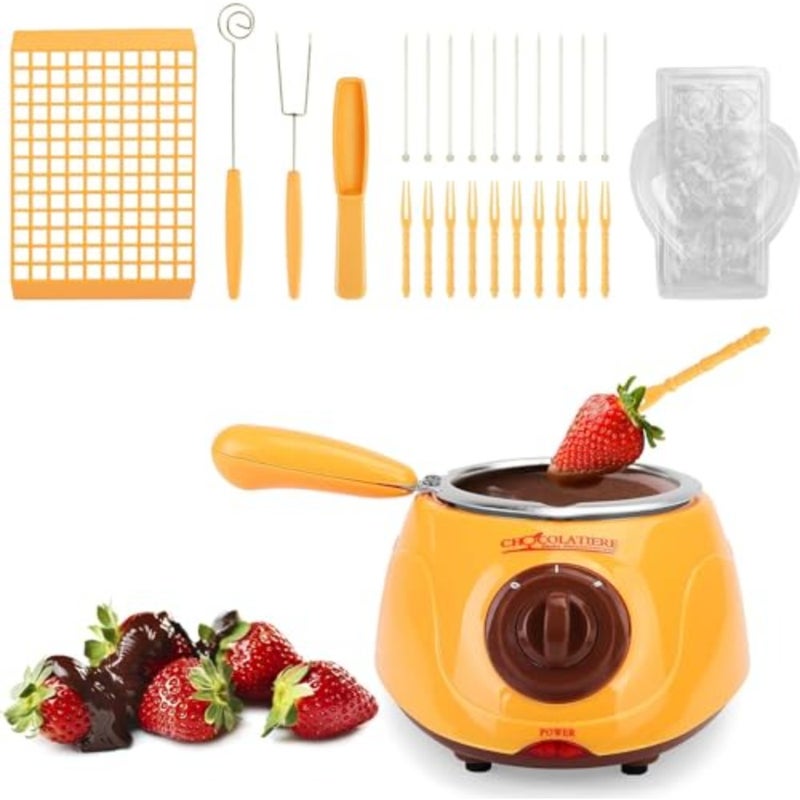 Upgraded Melting Fondue Set for chocolate, cheese, butter, candy use; ceramic-coated pot; yellow; precise temperature control and non-stick surface - Image 1