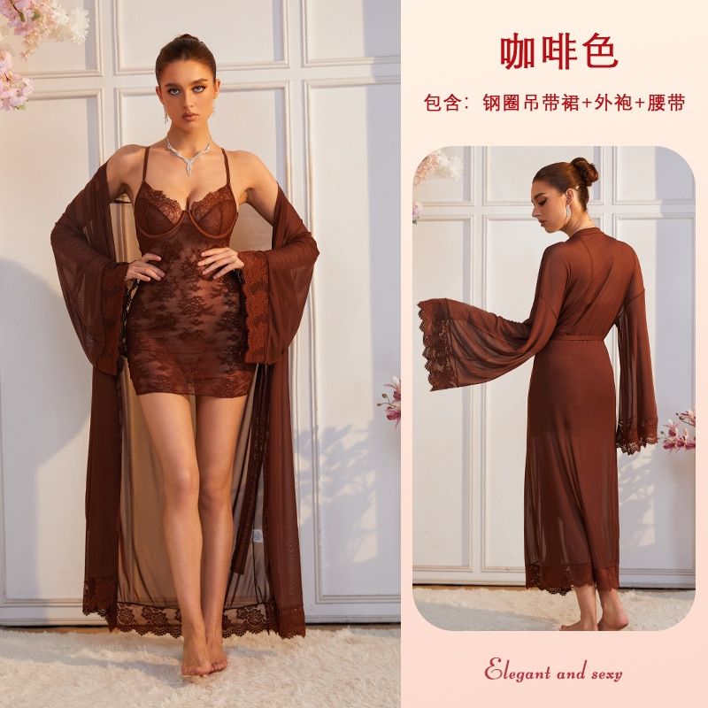 CME Sexy Lace Sleepwear Set, Strapless Mesh Nightgown with Robe, Women's Loungewear Set - Image 1
