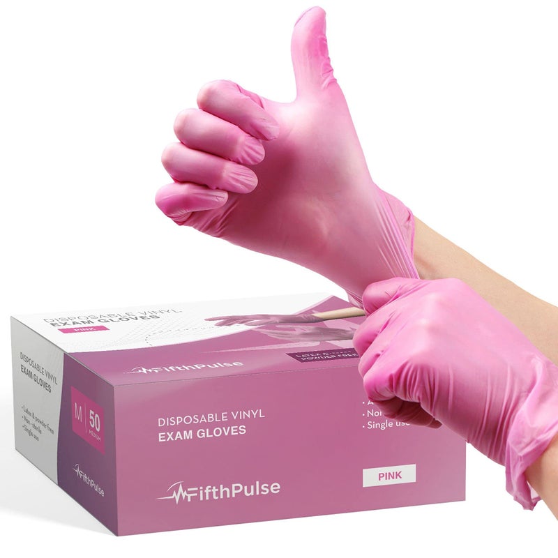 FifthPulse Pink Vinyl Disposable Gloves Medium 50 Pack - Latex Free, Powder Free for Medical Exam, Surgical, Home, Cleaning, and Food - 3 Mil Thickness - Image 1