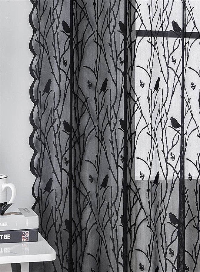 AiFish ستارة دانتيل سوداء شفافة من الفوال لحفلات الزفاف، ستارة بنقشة طيور لغرفة نوم الفتيات، ستارة بحلقات معدنية لغرفة المعيشة، ستائر تول، باب زجاجي منزلق، قطعة واحدة، 55 × 84 بوصة (عرض × طول) - Image 4