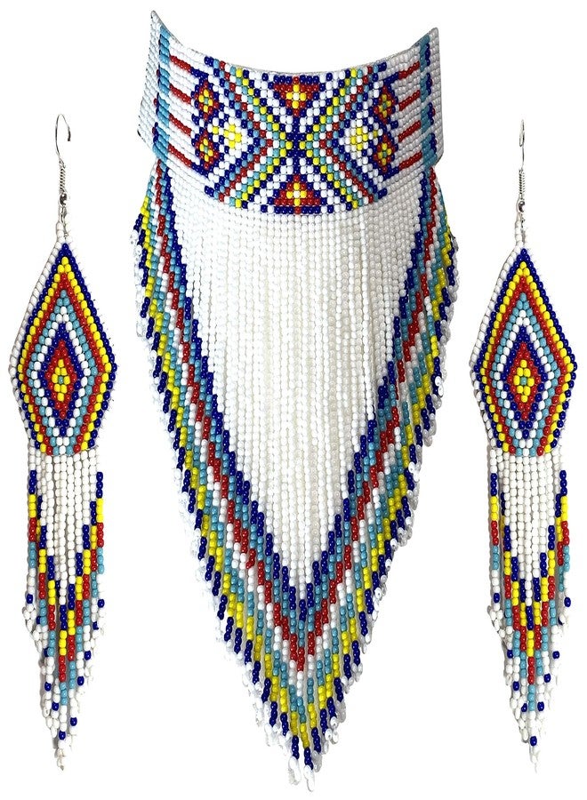 BeadsCorner Native Style Seed Beads Beaded Choker Bib Statement Necklace (White) - Image 1