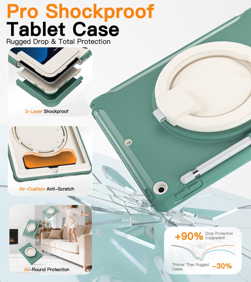 BATYUE Shockproof Case for iPad 7th/8th/9th Gen 2019/2020/2021 | 360Â° Multi-Angle Stand (Portrait & Landscape) & Grip, Built-in Screen Protector, Pencil Holder, Jade Green - Image 3